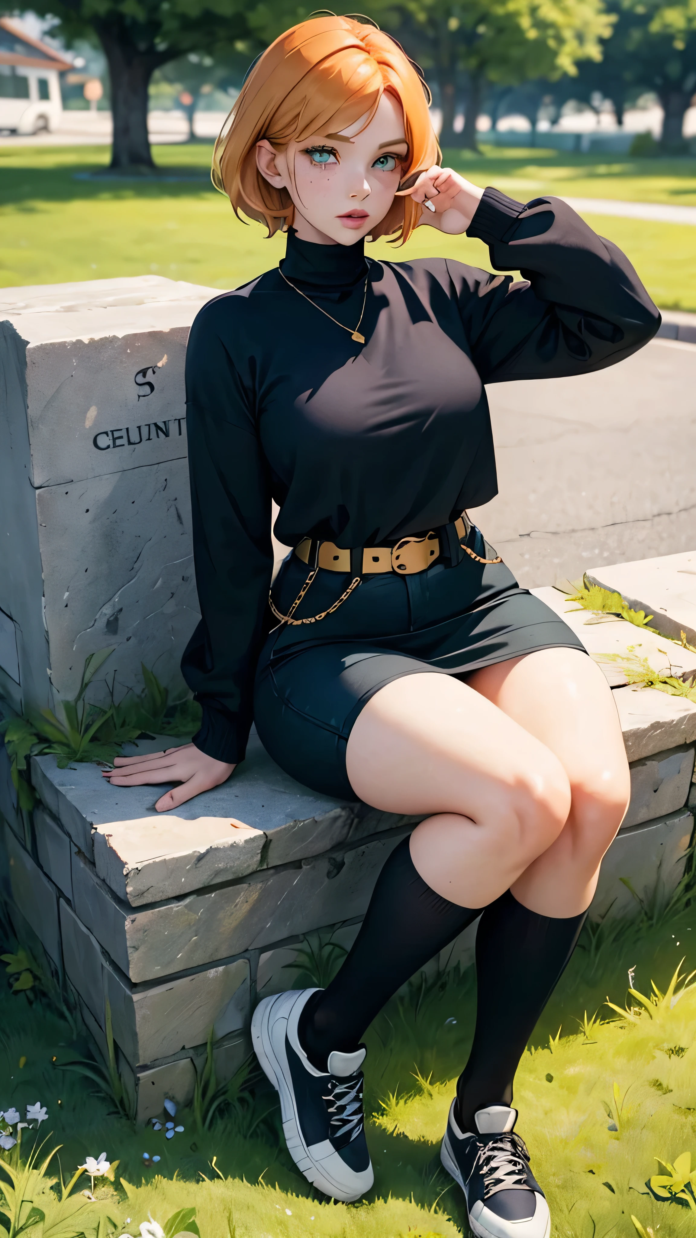 creates a woman with a delicate and beautiful face, short orange blonde hair. Mint green eyes and subtle freckles. short stature, short navy blue turtleneck top. curvy body. Black jean skirt with wide planks, black belt with gold buckle. white sports shoes. black stockings pretty lips red sports jacket, sitting on the grass. makes the gesture of peace and love over his eye