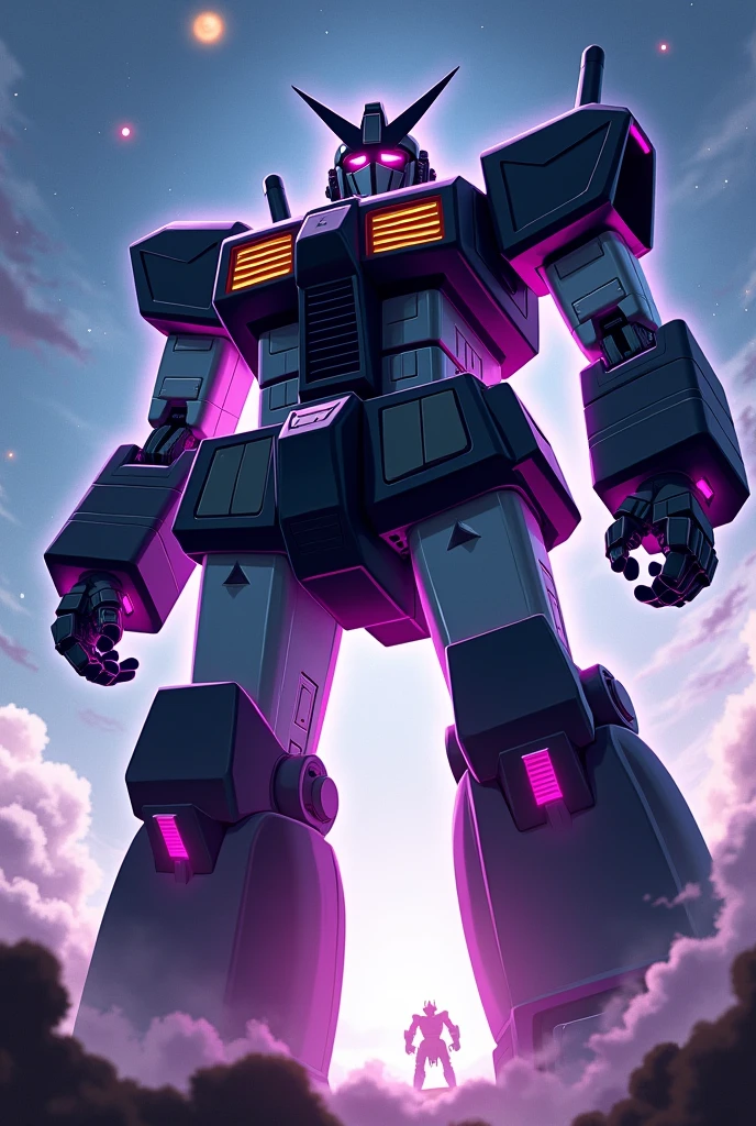 black, Gunmetal color, Fluorescent purple, anime, Giant Robot, fluid, Junmin, Mob-like, mass production, Super robot full body image, Fighting with the enemy, Simple Background,universe, 