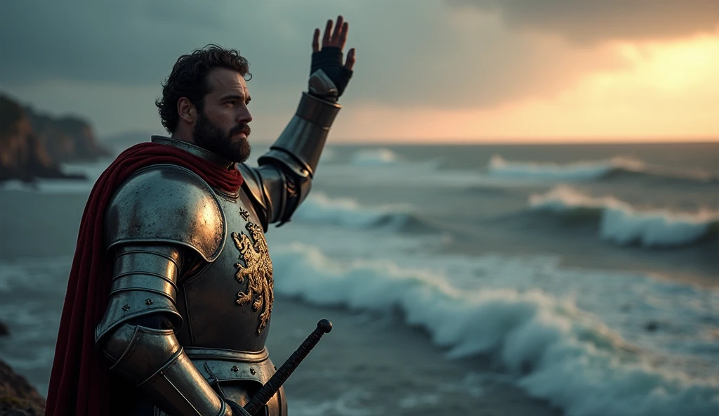 Create an image of Edward III of England in a dramatic stance, overlooking the English Channel with the coast of France visible in the distance. Edward III stands on a cliff or a high vantage point, wearing a regal suit of armor adorned with the English lion emblem. He raises a hand or a sword, symbolizing his claim to the French throne with a determined expression. The background features the turbulent waters of the Channel under a stormy sky, with the distant French coastline partially obscured by mist. The scene captures the tension and grandeur of his claim, illuminated by a mix of natural light and the dramatic hues of dawn or dusk, emphasizing both his authority and the historic significance of the moment., Surrealism, Hyperrealism, UHD, retina, masterpiece, accurate, anatomically correct, textured skin, super detail, high quality, 16k