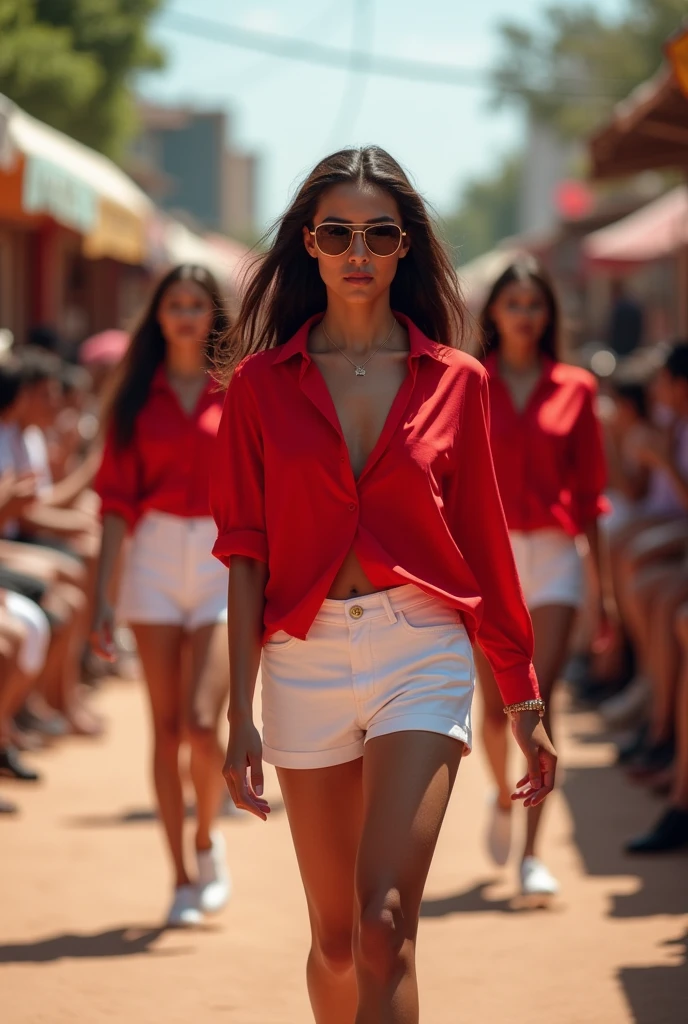 Models in red shirts and white shorts posing for a photo, Barranquilla RODEO, on a catwalk for a fashion show.8k