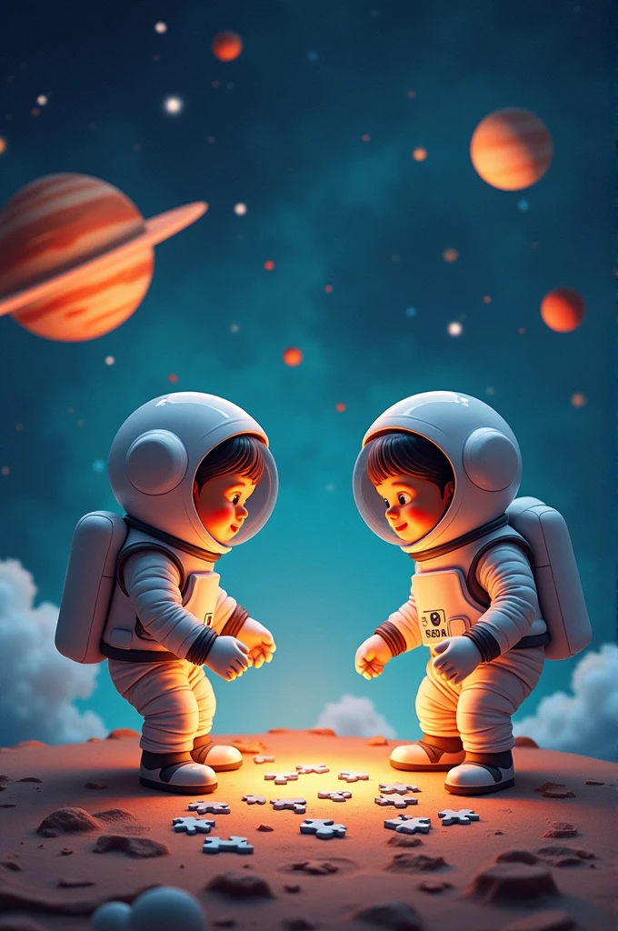 two astronaut children playing in space surrounded by planets and puzzles