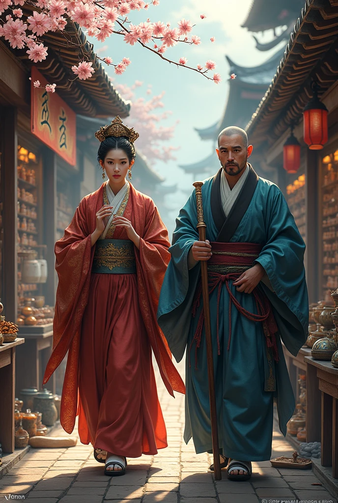 Japanese sorceress and emperor touring a market in the 1800s