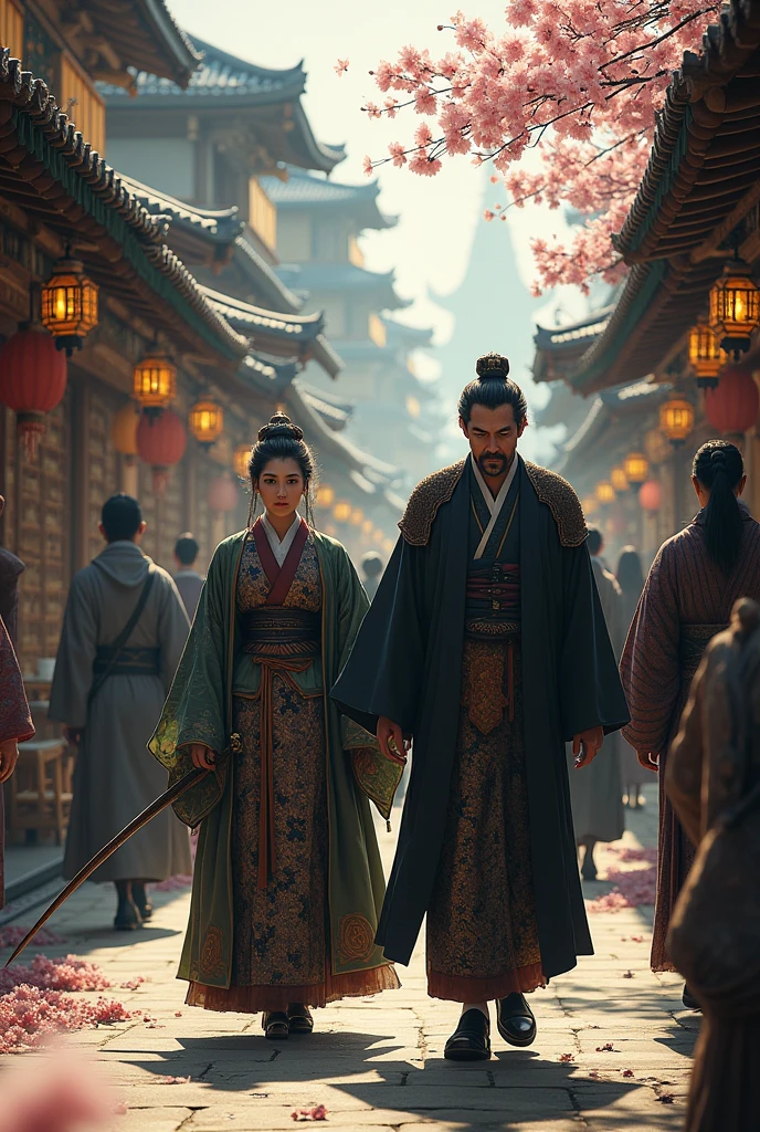 Japanese sorceress and emperor touring a market in the 1800s