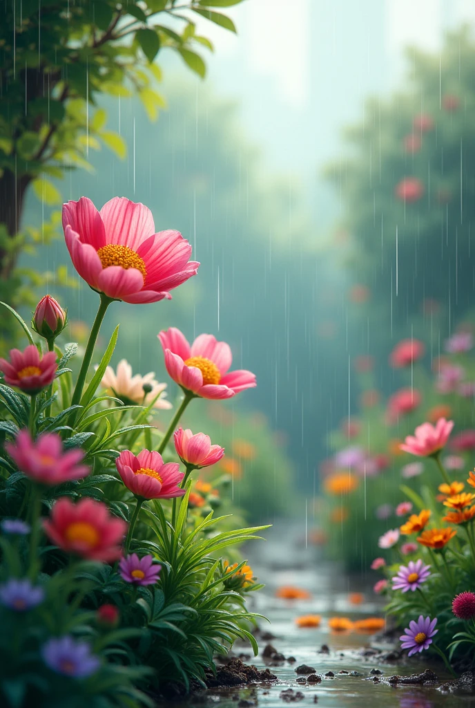 Flowers garden pic with rain