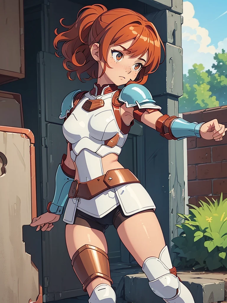 (masterpiece), (best quality), ((one girl)),(( red copper hair)),(brown eyes),short hair, curly hair, anime style, freckles, (small breast), (petite figure), legs,((white/blue armor)),(full body armor),(leg armor),(almond eyes) ,( tan skin) 