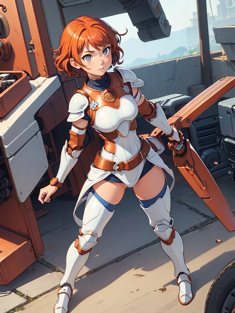 (masterpiece), (best quality), ((one girl)),(( red copper hair)),(brown eyes),short hair, curly hair, anime style, freckles, (small breast), (petite figure), legs,((white/blue armor)),(full body armor),(leg armor),(almond eyes) ,( tan skin) 