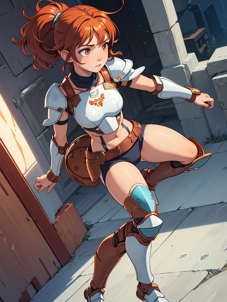 (masterpiece), (best quality), ((one girl)),(( red copper hair)),(brown eyes),short hair, curly hair, anime style, freckles, (small breast), (petite figure), legs,((white/blue armor)),(full body armor),(leg armor),(almond eyes) ,( tan skin)