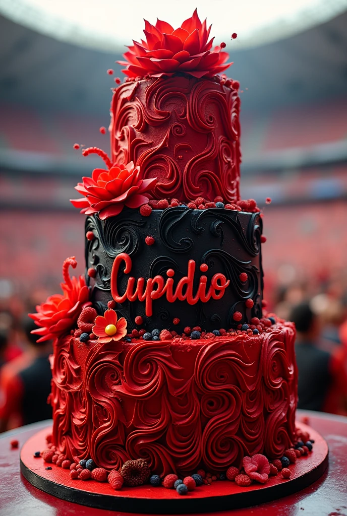A cake with a flamengo theme and the name CUPIDÃO 