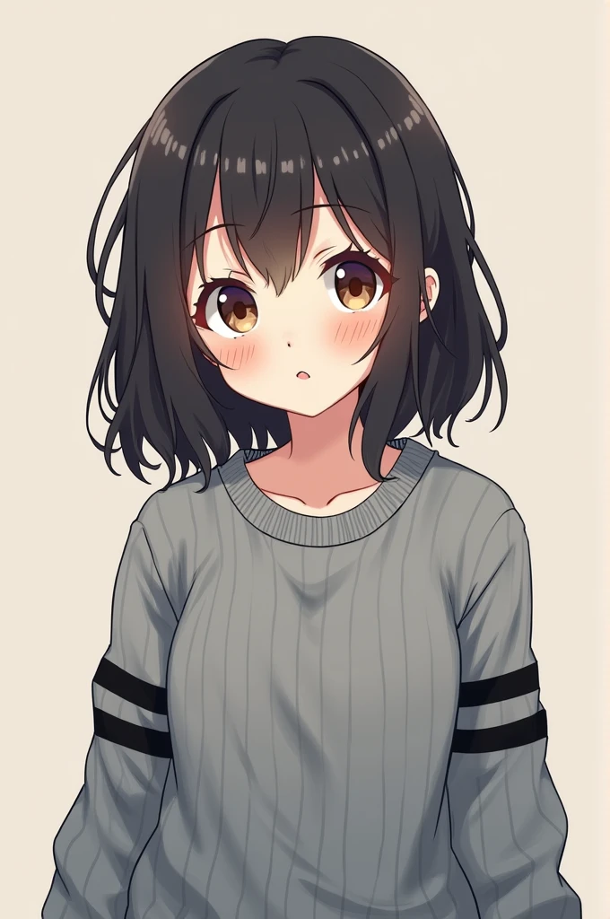 anime girl, wearing a gray sweater with black stripes, is tuna