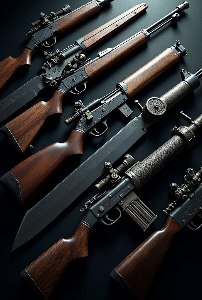 Generate me a wallpaper of various weapons 