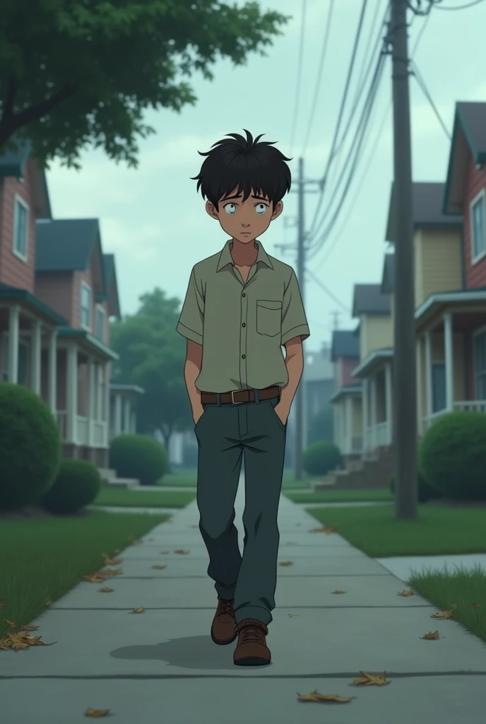 Sad animated boy on his way home