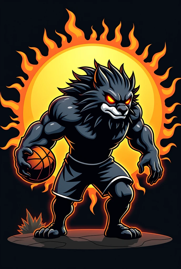 Basketball team symbol with sun with mascot Black and white
