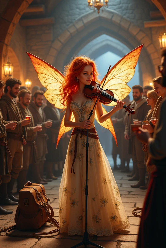 20 year old redhead fairy, eyes browns,wearing a floral medieval dress, with adventurer&#39;s bag, in a tavern while playing the instrument fight happily, adventurers all around smiling and drinking all looking medieval