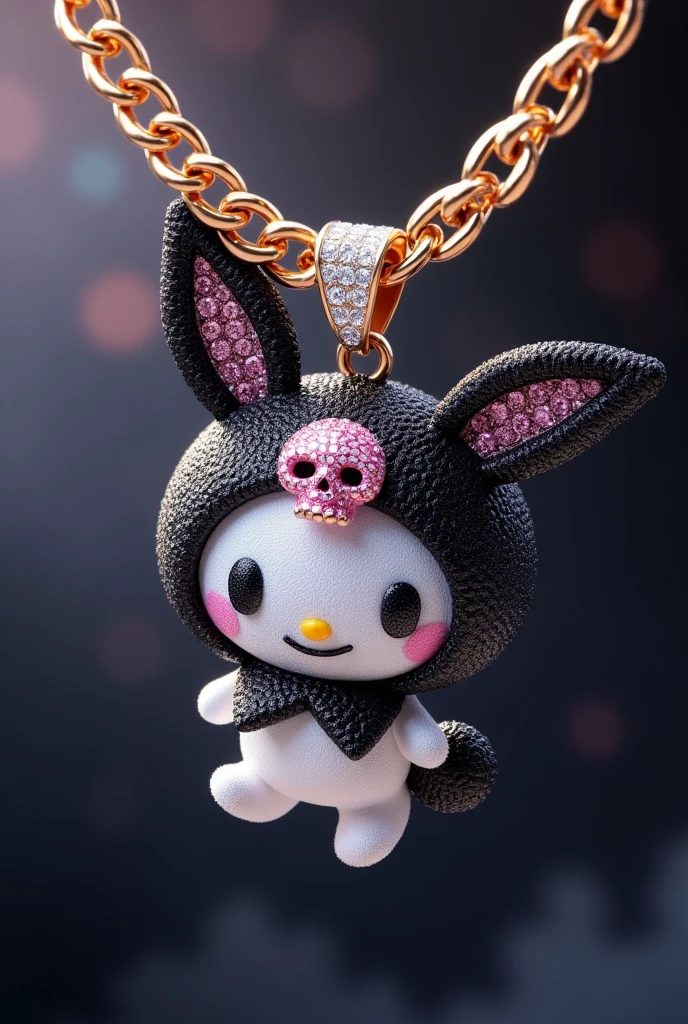 A Cuban-style chain necklace with a pendant featuring Kuromi is a fictional character. She is a naughty and somewhat rebellious bunny from the world of My Melody. Kuromi has a black hood with a pink skull in the center and a clown collar and a black demon tail, three-pointed triangular ears with two little balls on the tip of the female ear, and a white body. . Made of diamonds, diamond scraps facing forward.