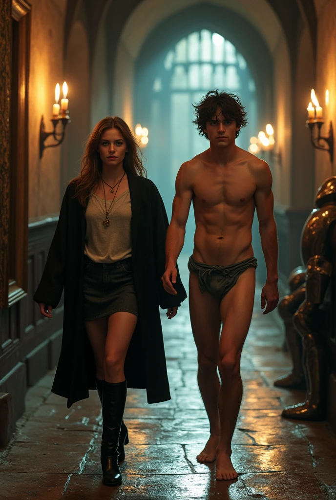 Hermione Granger walking down a hallway with Harry Potter naked