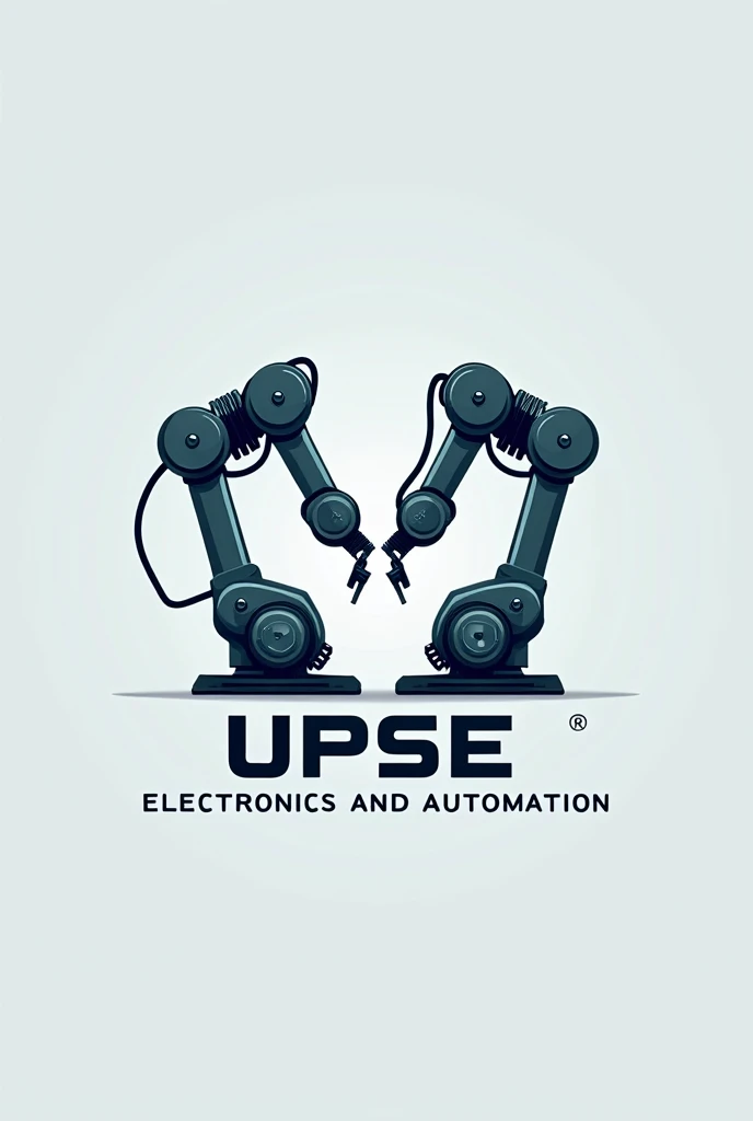 I need a simple electronics and automation logo that has two industrial robotic arms , that says UPSE "Electronics and Automation "