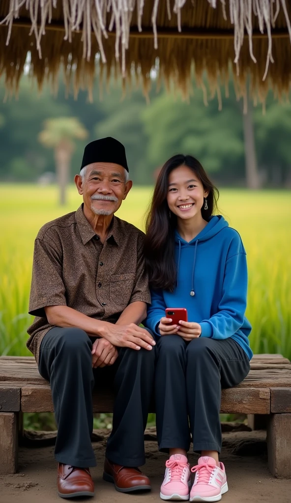 A 60 year old Indonesian man, thin mustache without beard, wear a black Muslim cap, pakai baju batik dan long pants, wearing leather shoes, sit down, smile facing the camera, Beside him there is a beautiful young Indonesian woman, his body is quite fat, fair skin, big nose, long wavy hair, wearing a blue hoodie, long pants, wearing pink sneakers, sit down tanganya pegang ponsel, happy face facing the camera, in a beautiful rural rice field hut, evening atmosphere, minimal defects, very detail, realistic, 8K picture