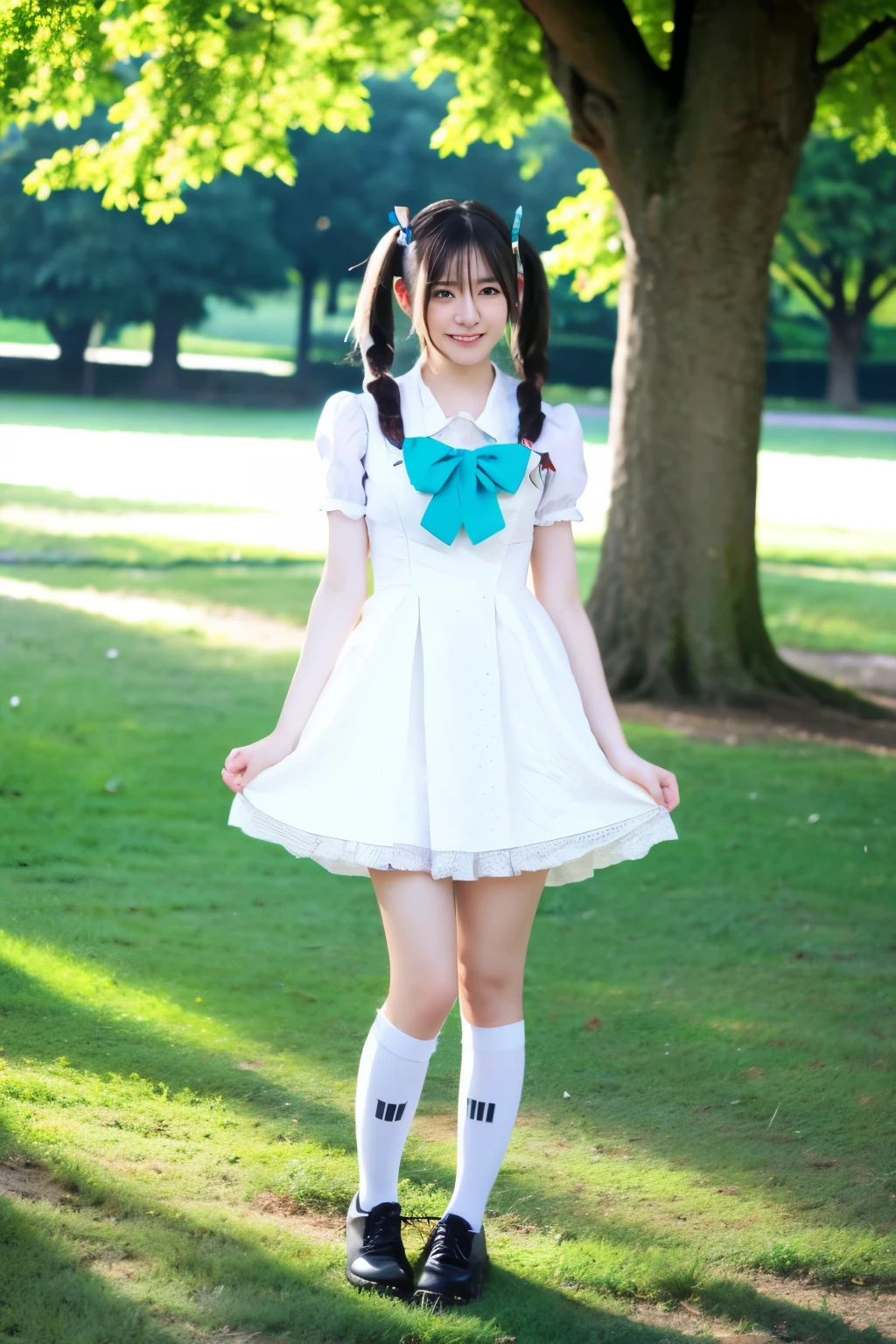 Standing in an empty park、Hatsune Miku Cosplay、Twin tails、Cute Face、miling、Full body portrait