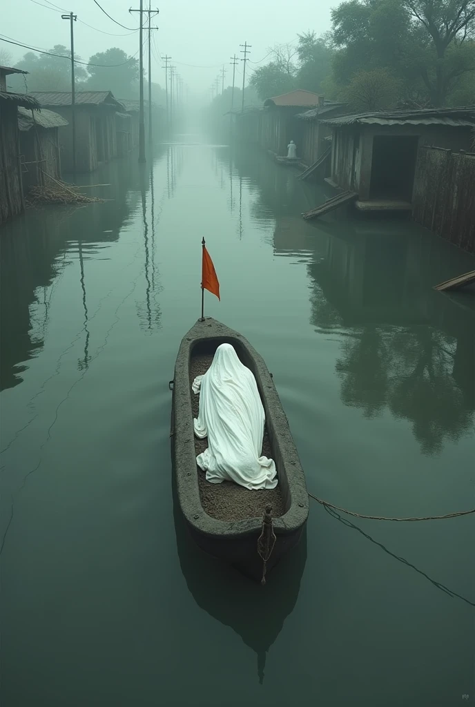 A flood prone area in India where everything is submerged. There is water everywhere. A body wrapped in a white cloth is floating in the middle of that water. And there is a flag on that boat