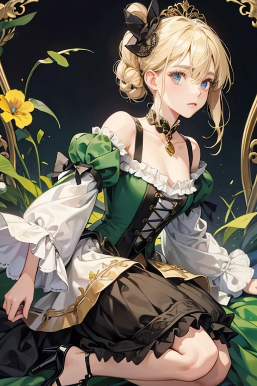 On her head, Emilie blond hair wears a dark-green fascinator hat lined by black lace at the front with a light green bow, which has a gold bell-like ornament from which three white tear-shaped gems hang from it, as well as a loose black ribbon fading to a dark-nightshade at the back.
She wears dark-nightshade leotard, as well as detached puffy sleeves with gold details held by multiple metal straps. Over this, she wears a white collar with a gold chain that holds a purple bell-like ornament fading to blue, two tails in front that extend down to her chest, white ruffles on the shoulders, and a black ribbon with a yellow flower. She wears a black underbust bodice with lace-up sides and a front lined by gold, held by gold embellishments at the top, as well as two knee-length tails at the back with gold vine and flower designs and three dark-green stripes. Her Vision hangs from a gold chain on the left side of the bodice. Extending from her bodice is a dark-green skirt stopping just below her knees, with gold details, ends that resemble flower petals, and a full-length slit on the right side that's lined by layered white and light-green fabric.
On her feet she wears low pale-green heels with dark-green bows at the back, white vine-like details on the sides, and a white bell-like design on the front. SPARKLE; GLITTER