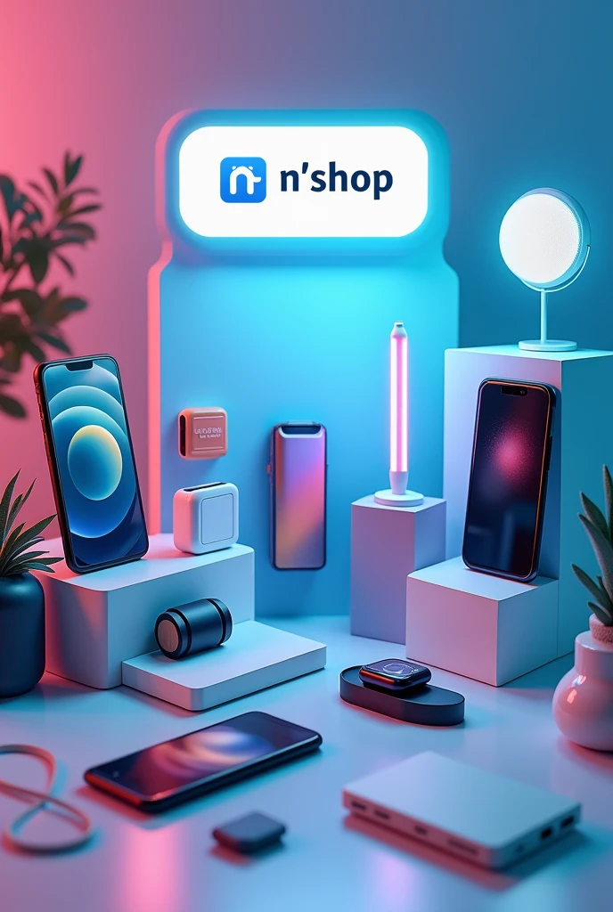 Créa réaliste pour affiche de publicité bien décoré avec les accessoires comme le smartphone , les montres connectées , les powers bank , les lampes led avec pour nom N'Shop en haut et un petit logo en forme d'exagone fait avec le nom " N-shop " au milieu