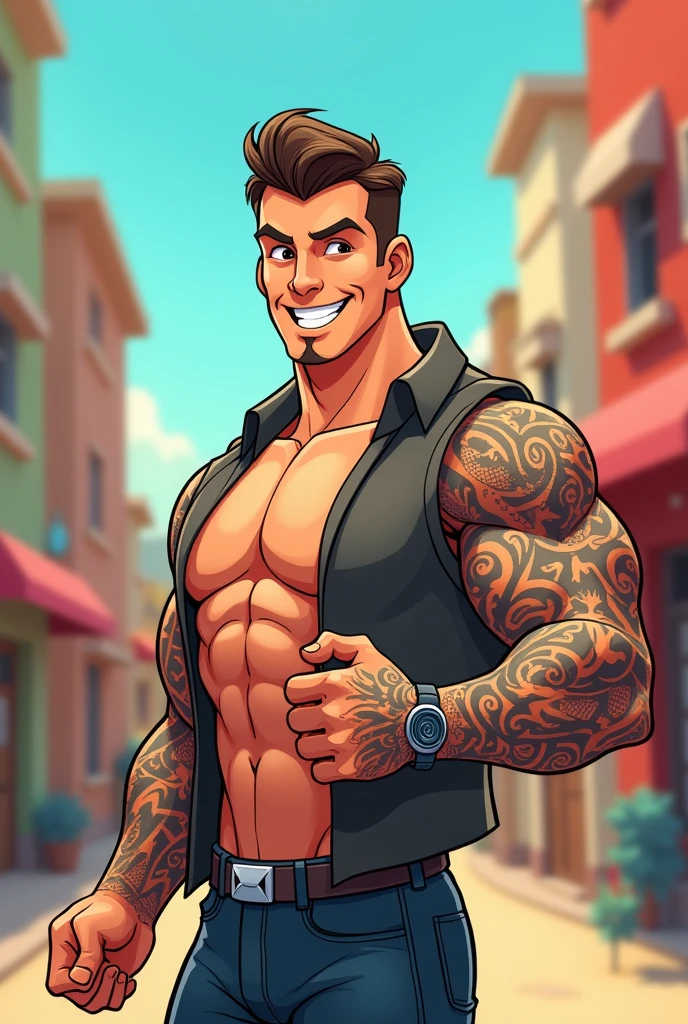 Create a cartoon man with slightly large biceps and only one tattooed arm!