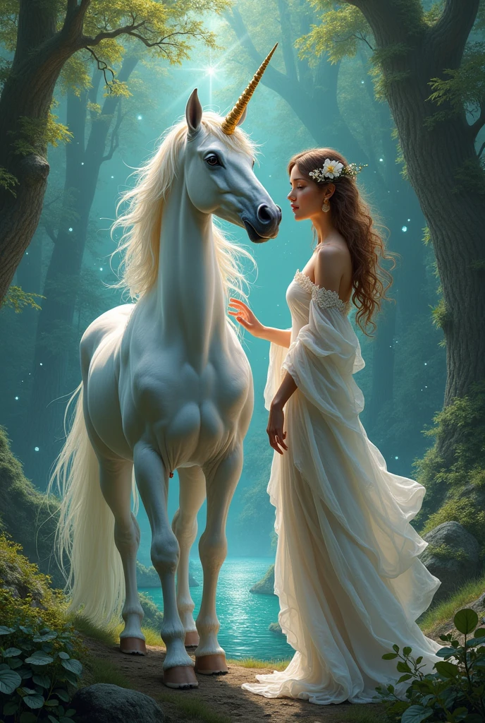 Create me an image to draw, difficult, unicorn next to a woman, picture to paint