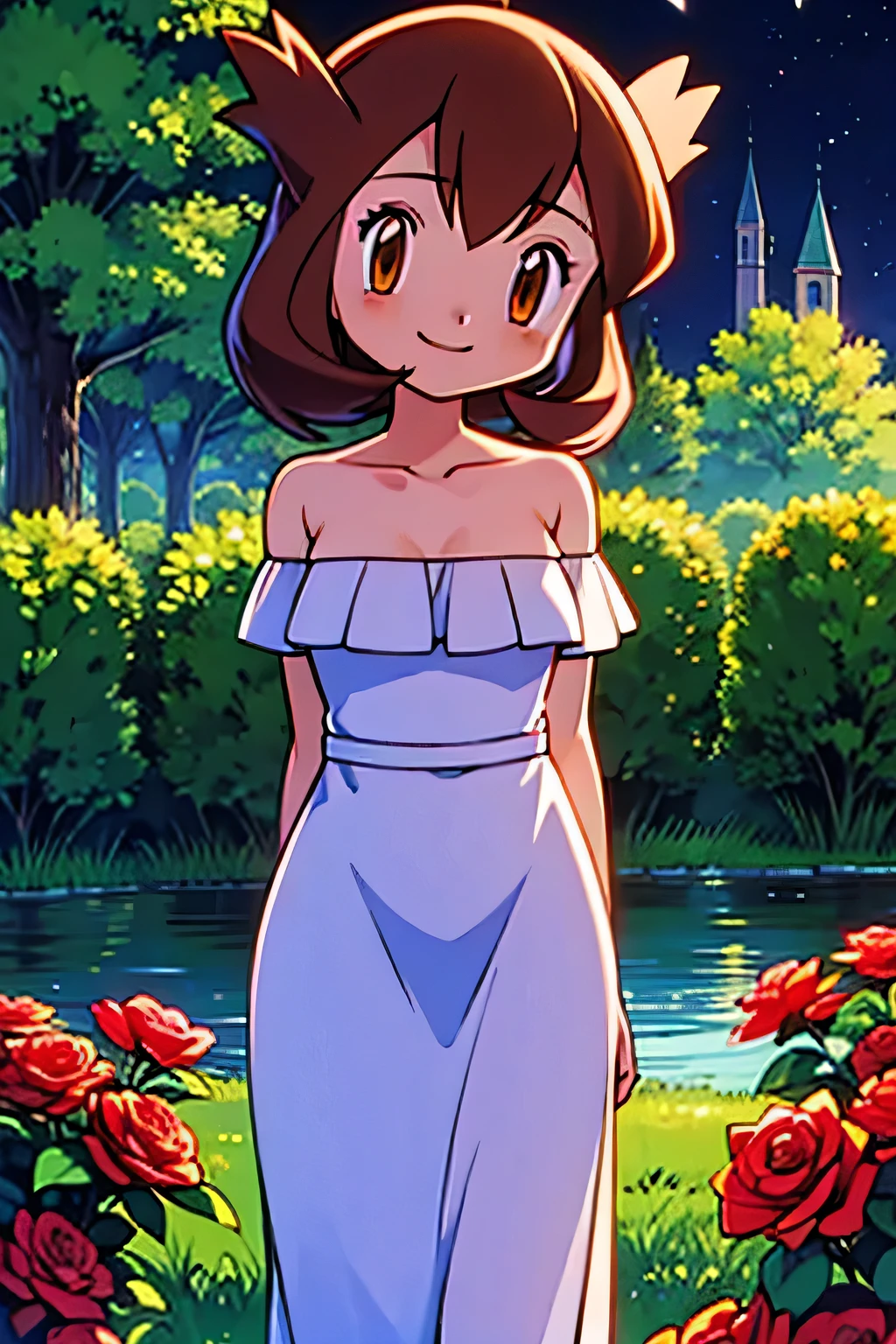 masterpiece, best quality, ultra-detailed, illustration, beautiful detailed eyes, very detailed illustration, cinematic lighting, 1 girl, solo, Pokemon Heroes (Bianca), Brown Hair, brown eyes, bare shoulders, strapless, off shoulders, white ruffle off the shoulder maxi dress, intricate details, sharp focus, high resolution, the background of beautiful garden with rose bushes, on a beautiful night, crescent moon, smile, standing near a lake, arms behind back, anime style, ultra-detailed, hdr, far at the bottom, in the center, Close up