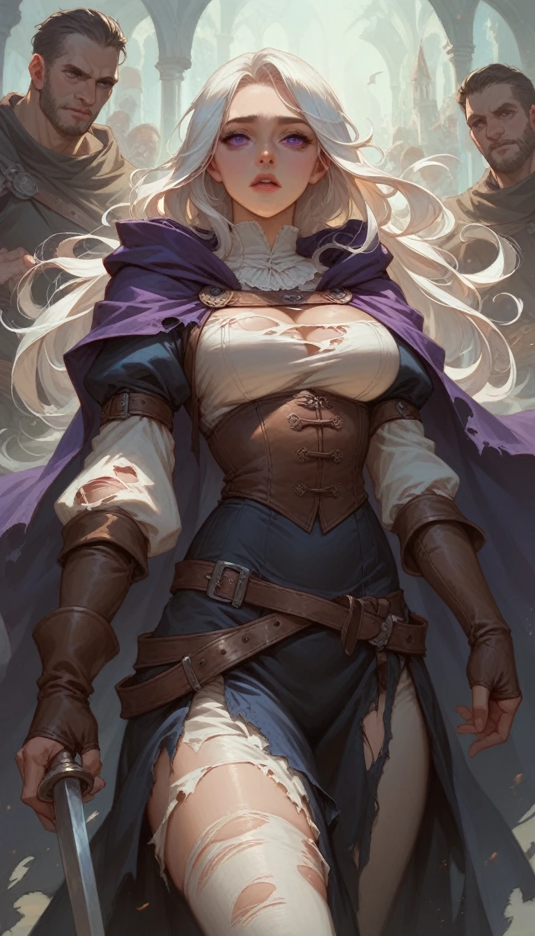 A girl with long white hair that is slightly purple and short, purple eyes and curvy body, wearing torn medieval men&#39;s clothing while lying on the floor with cum dripping from her mouth 