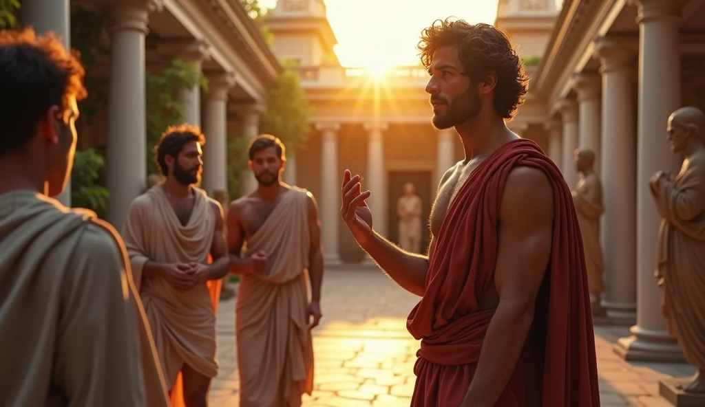 In a Roman courtyard at sunset, the young Stoic philosopher walks alongside a few other scholars, engaged in deep conversation. His bronzed skin glows in the warm evening light, and his wavy, well-groomed hair catches the fading sunlight. His tunic drapes elegantly, revealing a strong, muscular shoulder as he gestures thoughtfully, his hand partially extended as if explaining a profound idea. The other scholars listen intently, their expressions reflecting respect and admiration. Marble statues and tall columns surround them, adding a sense of grandeur to the scene. The environment is serene, with the sounds of distant birds and a gentle breeze rustling through the trees. The photorealistic, 8k quality image captures the rich textures of the stone, the flowing fabric of their clothing, and the thoughtful, yet subtly sensual, demeanor of the philosopher as he engages with his peers, symbolizing the influence of meaningful connections on personal growth.