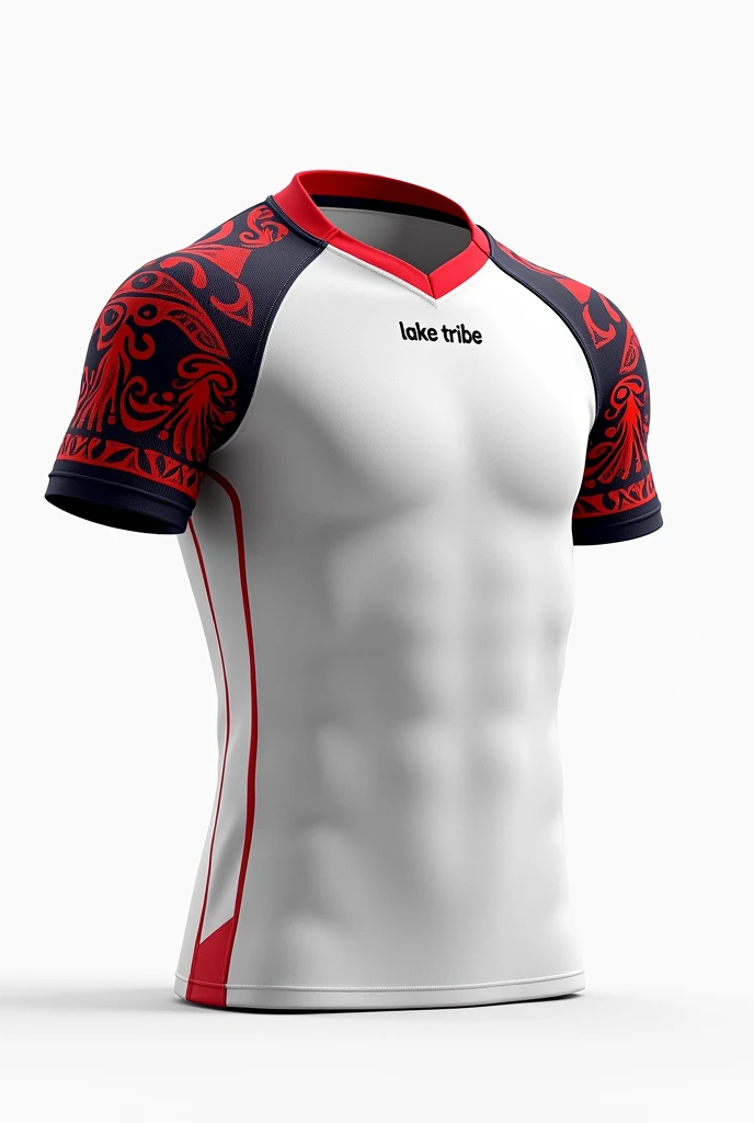 Create for me jersey on sleeve maori pattern colour red black white/black collar wrote lake tribe rugby white background jersey only no model clear design front view