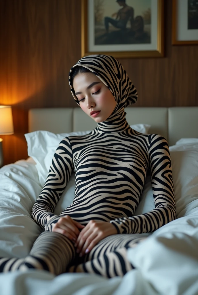 The most beautiful,thin,most pretty and clever Malaysian muslimah adult girl wears zebra print lycra turtleneck unitard catsuit covered with many stripes.She always wear zebra print lycra dancewear stretchy square hijab covered with many stripes.She sleeps on the bed like a catnap.
