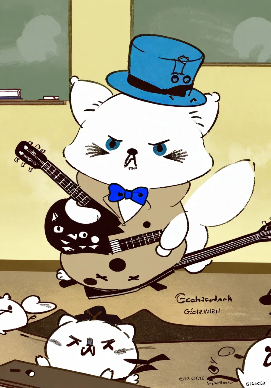 1Dog, White Tanuki Pomeranian, Circle Eye, Hyena Ear, Blue Bowler hat, Blue Bow Tie, by Guillaume Renard \(skchkko\), Evil Rage, holding Gibson Flying V Guitar, Desk in Classroom, digital illustration