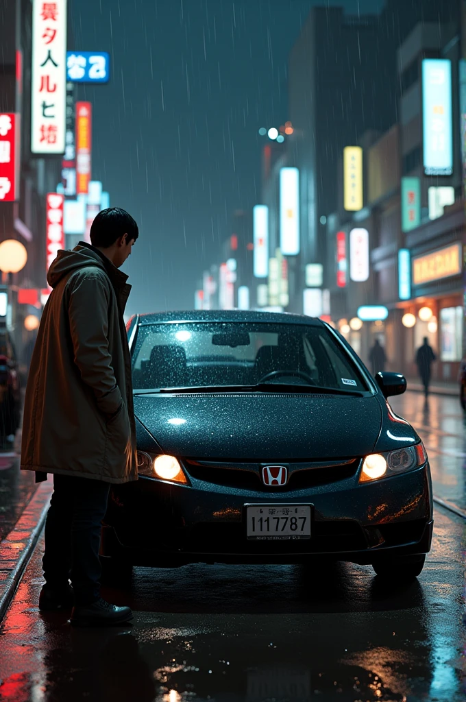 Um civic S.i Year 2008 on a rainy night in Tokyo Japan with a man next to the car