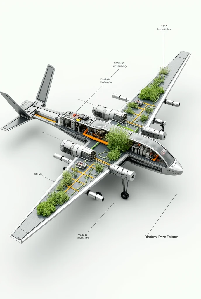 Show me the internal system of the drone with an organic pesticide irrigation system in specific places where the pests are located., pointing out each of its parts and materials