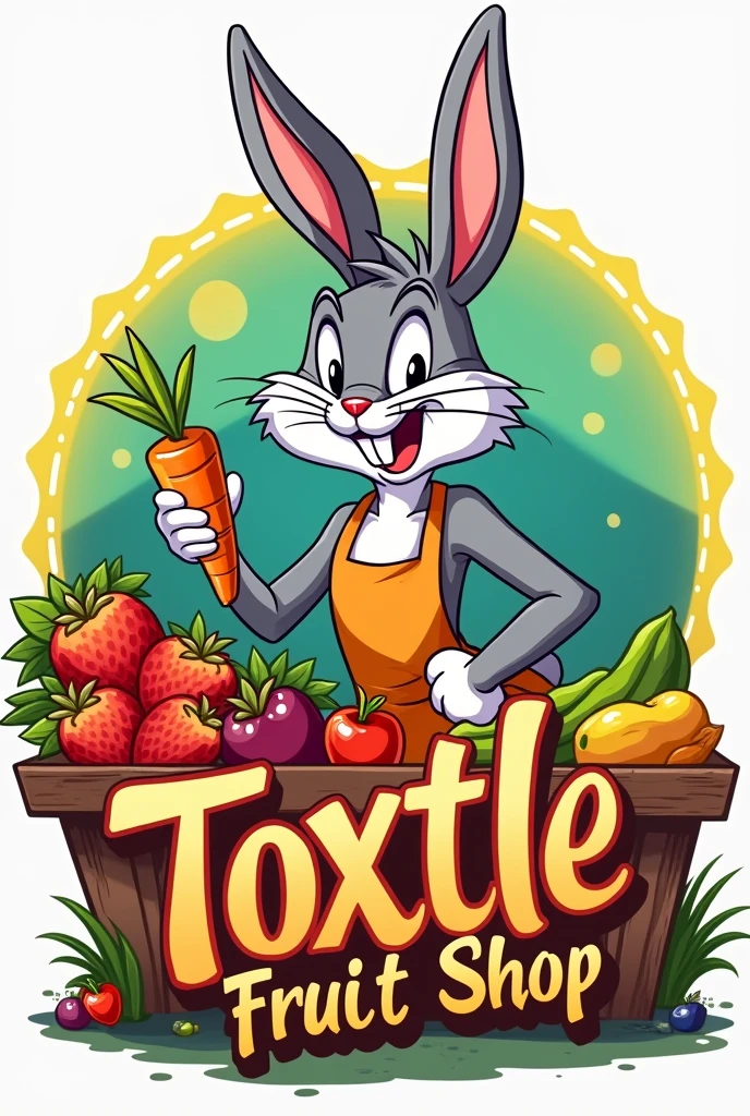 Logo with Bugs Bunny that says Toxtle fruit shop with his apron