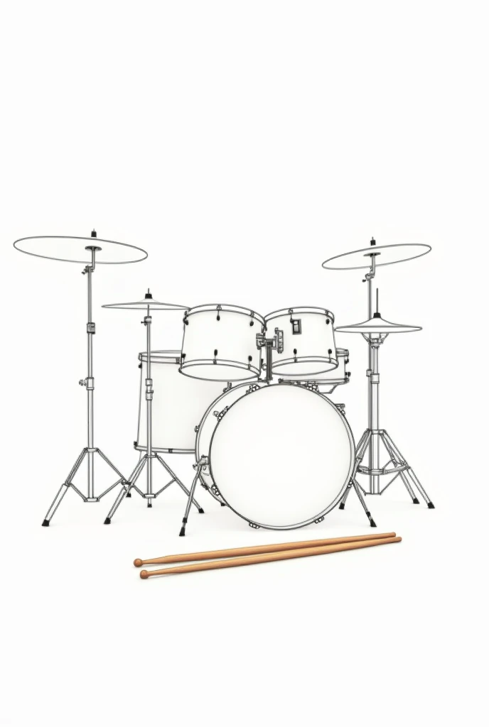 A minimalist drawing on a white background of a large musical instrument drum set with the drumsticks lying on the floor