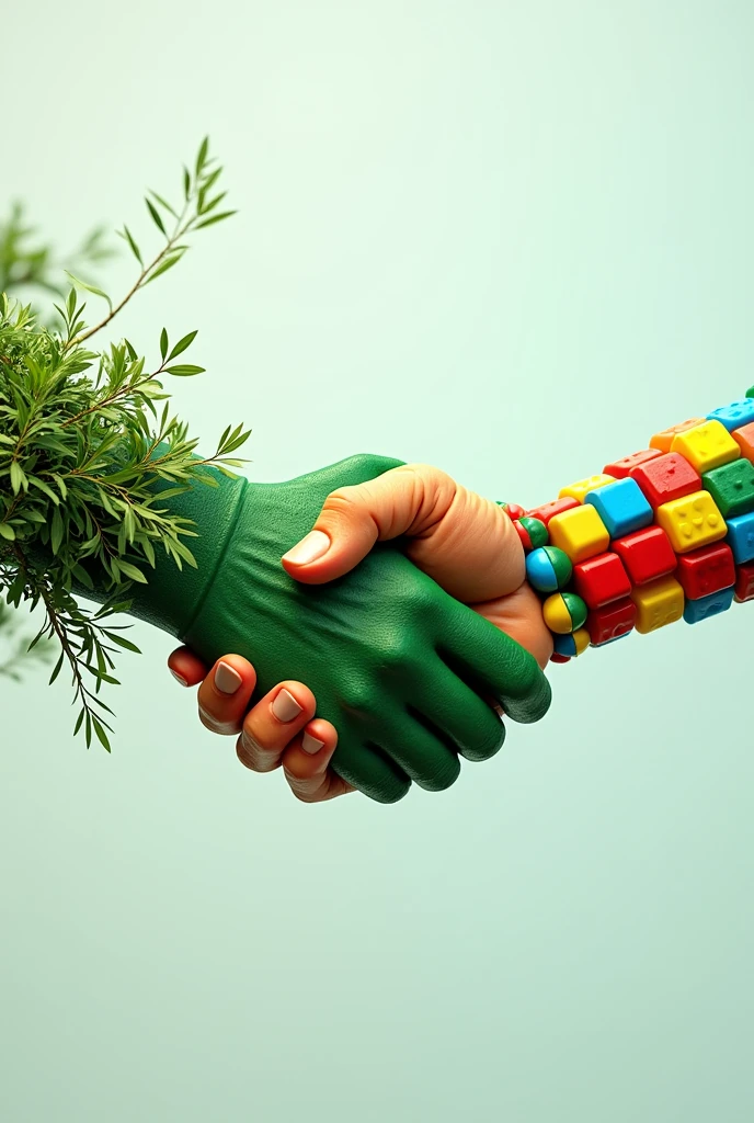 I want a handshake between a green hand with several leaves and branches and another hand made of building blocks