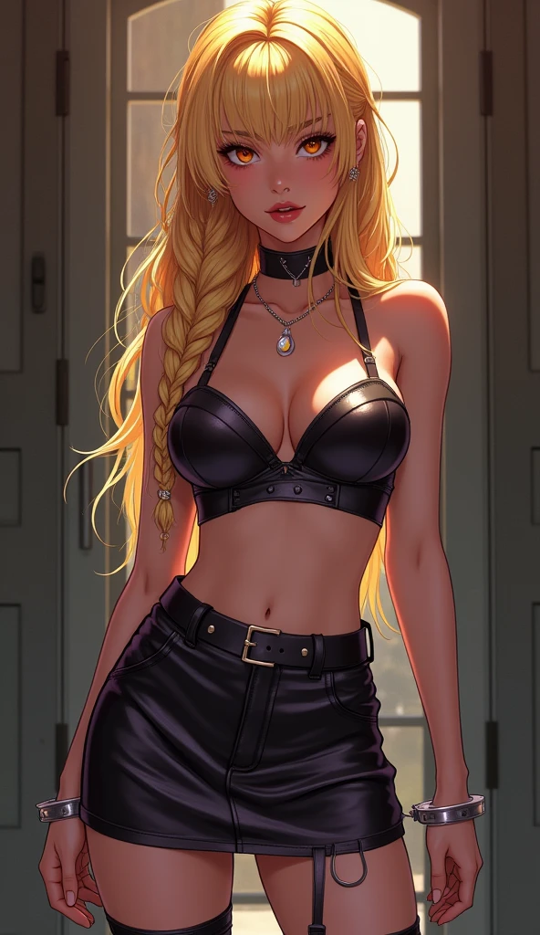 ((Young woman in handcuffs)), anime, blonde, braids, bright makeup, leather mini skirt, leather bra, decorations, stilettos