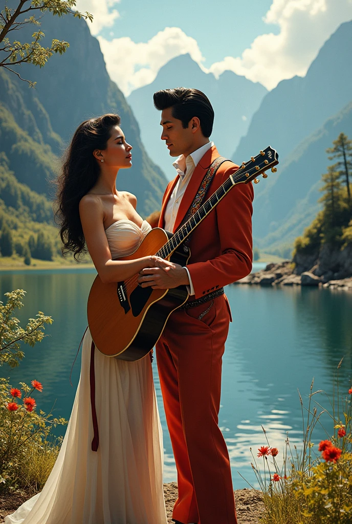 Elvis Presley in a beautiful landscape with a guitar and a beautiful woman 