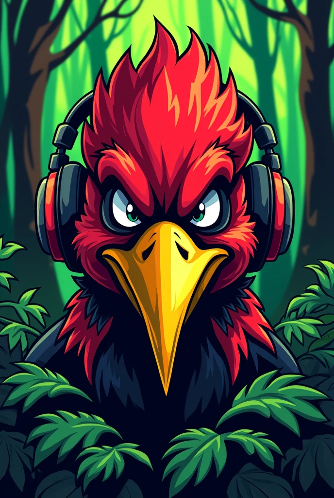 A cartoon illustration of a woodpecker's face, with an aggressive visual, using headphones, to be used as a vest patch for a forestry engineering athletic team. The feathers on the woodpecker&#39;s head should be red and black., and the long yellow beak. Place trees in the background and create a color balance of neon green and red
