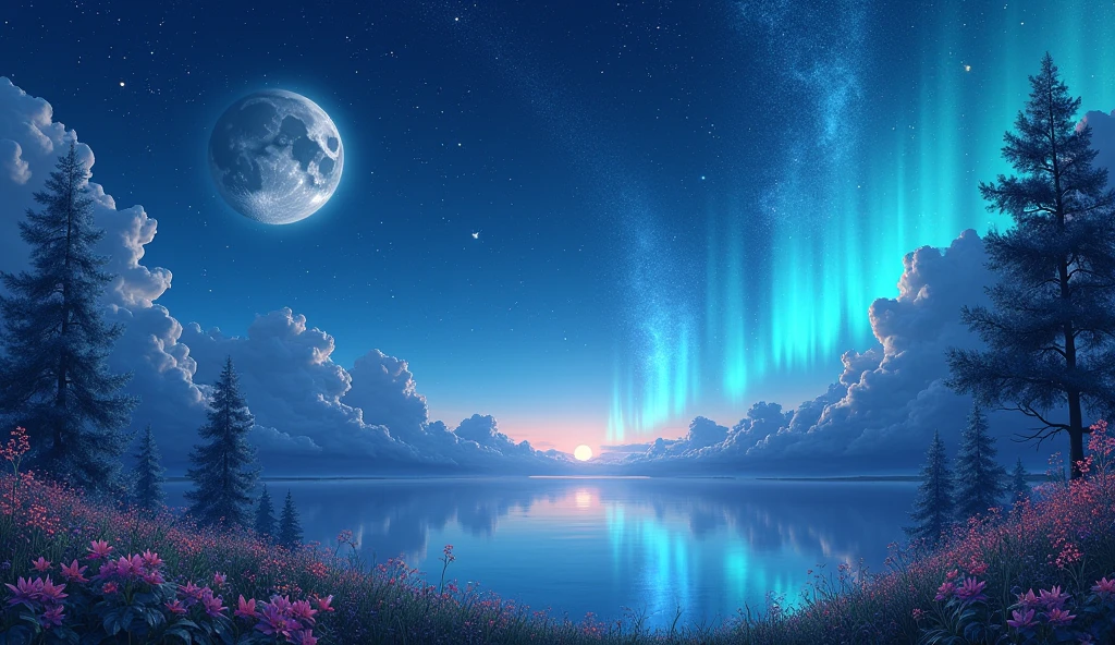 Fantastic night scenery、Gorgeous、Live-action-like images、Fantasy elements、Cute atmosphere、Star-studded night sky、High quality、Super Real、Night image、beautiful、Highest quality、