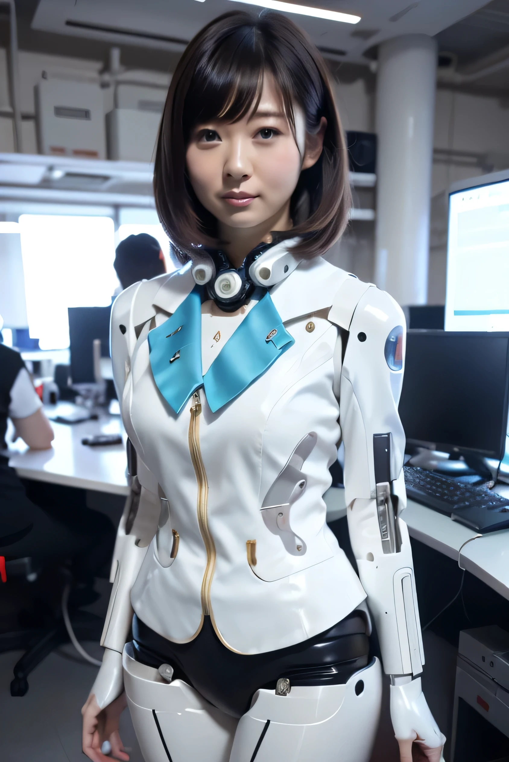 masterpiece, Best Quality, Extremely detailed, Japaese android girl,Plump , announcer,control panels,android,Droid,Mechanical Hand, ,Robot arms and legs, Black hair,Mechanical body,Blunt bangs,White Robotics Parts,perfect robot woman,Charging spot,Long Tube,A thick cable was connected to her neck,ceramic body ,Mechanical body, android,robot humanoid,a bit chubby,panty,blue eyes,perfect mechanical body,white robotics body,future laboratory,android factory,mechanical ear cover,white and aqua uniform,costume with aqua accents,office-lady