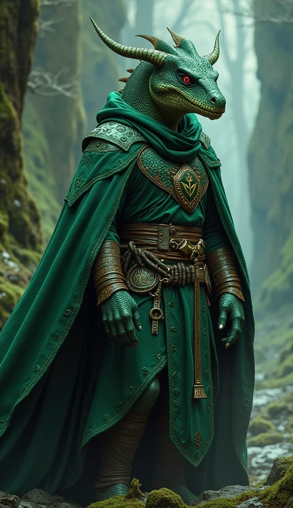 Dragonborn druid, d&d character, dark fantasy, Dragonborn wearing long cloak, leather armor has metal studs and deep green, psychotic, anthropomorphic character, intricate details, iridescent, vivid colours, trending on artstation, Jean Baptiste Monge, Michael Garmash