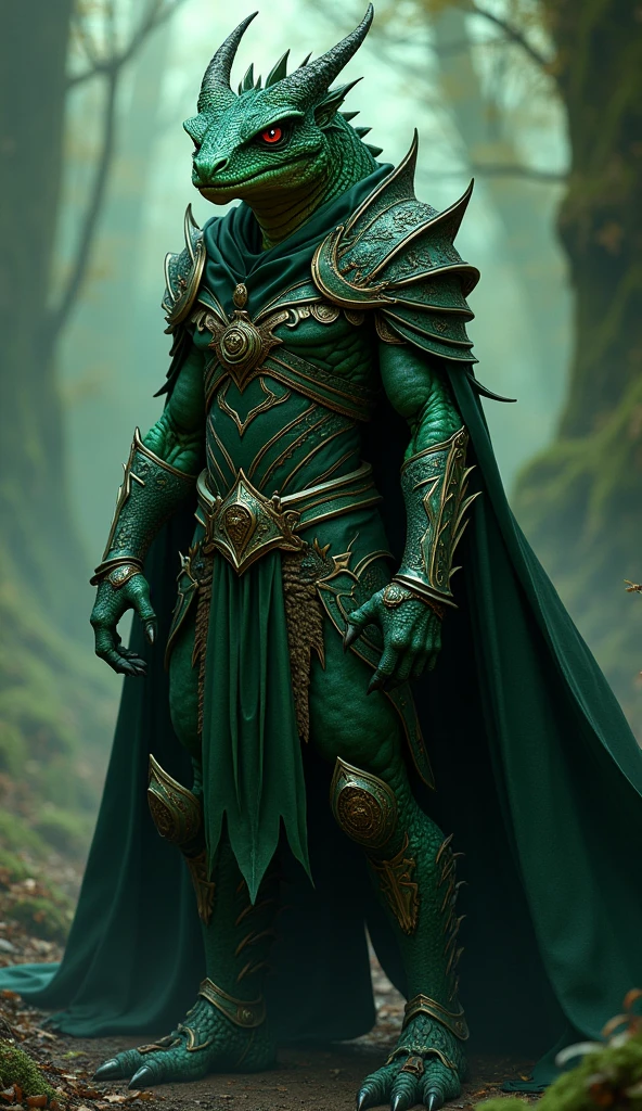 Dragonborn druid, d&d character, dark fantasy, Dragonborn wearing long cloak, leather armor has metal studs and deep green, psychotic, anthropomorphic character, intricate details, iridescent, vivid colours, trending on artstation, Jean Baptiste Monge, Michael Garmash