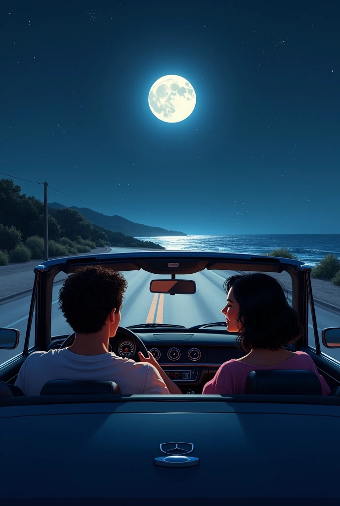 um casal, man with curly hair and woman with short wavy black hair where they are inside a Mercedes going to the beach at night with a full moon. Where does he drive?. And in drawing form 


