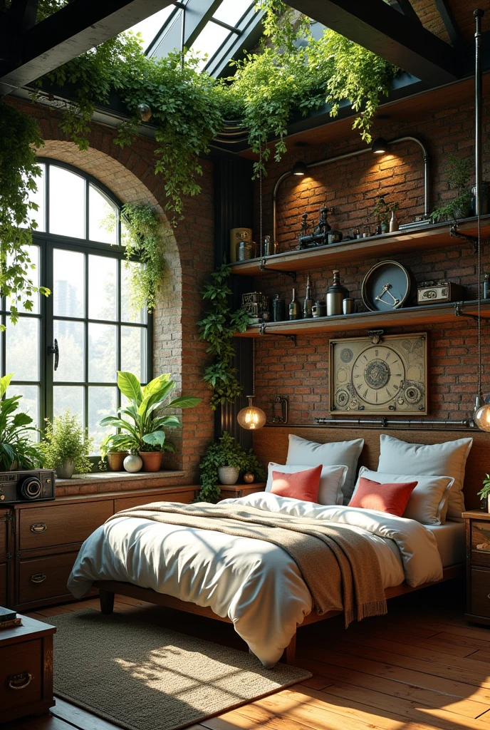 a cozy and aesthetic loft bedroom but the interior is biopunk with lots of vines and lush


the theme are combination of biopunk, cyberpunk, industrial, and steampunk 