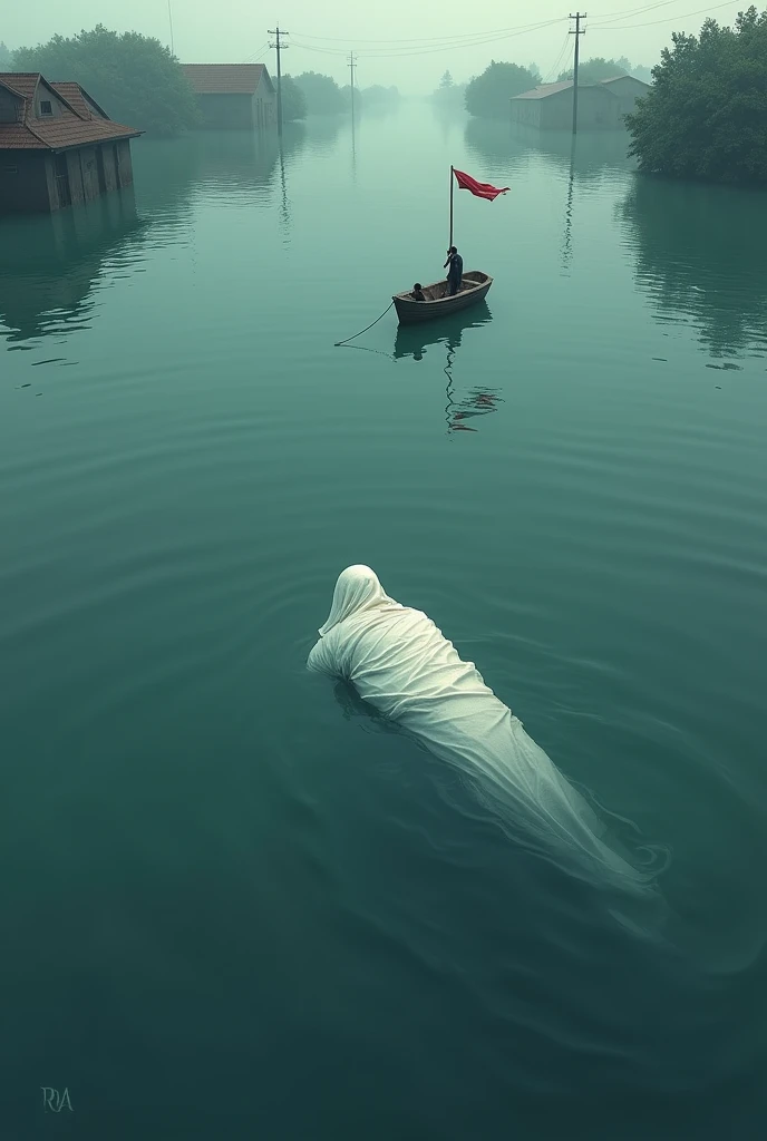 A flooded village where everything is submerged. Everywhere the water seems like the sea. A body wrapped in a white cloth is floating in the middle of that water. And there is a flag on that boat