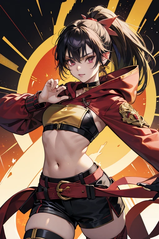 Shinobu's green hair is held up in a messy ponytail with a thick dark reddish rope and a dark hairpiece with gold accents. In addition to this, Shinobu has messy bangs and wears a strapless dark gray mask that covers the lower portion of her face.

Shinobu's outfit consists of a dark-colored cropped top exposing her navel in the lower part of her midriff, matching dark shorts, and a black belt decorated with a thick red rope tied into a bow. Over this, Shinobu wears a cropped dark purple-red and gold-trimmed hooded jacket with a buckle, and dark gloves that leave certain fingers exposed. She also has thigh-high legwear with red armor plating that ends at her ankles, which she pairs with sandals and dark magenta toenail polish. Shinobu's outfit is decorated with a number of gold and red accents and trinkets and thicker red ropes, most notably around her chest area. In addition to this, Shinobu wears a single samurai plate over her left shoulder, where her Electro Vision is attached. SPARKLE; GLITTER