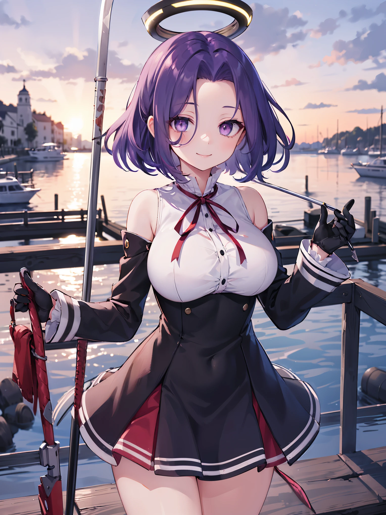 masterpiece, best quality, highres, mechanical halo, (big_breasts:1.2), black dress, neck ribbon, long sleeves, black gloves, outdoors, cowboy shot, standing, holding weapon, polearm,smile,,harbor_town_landscape,purple_halfeyes,(scornful eyes:1.4)